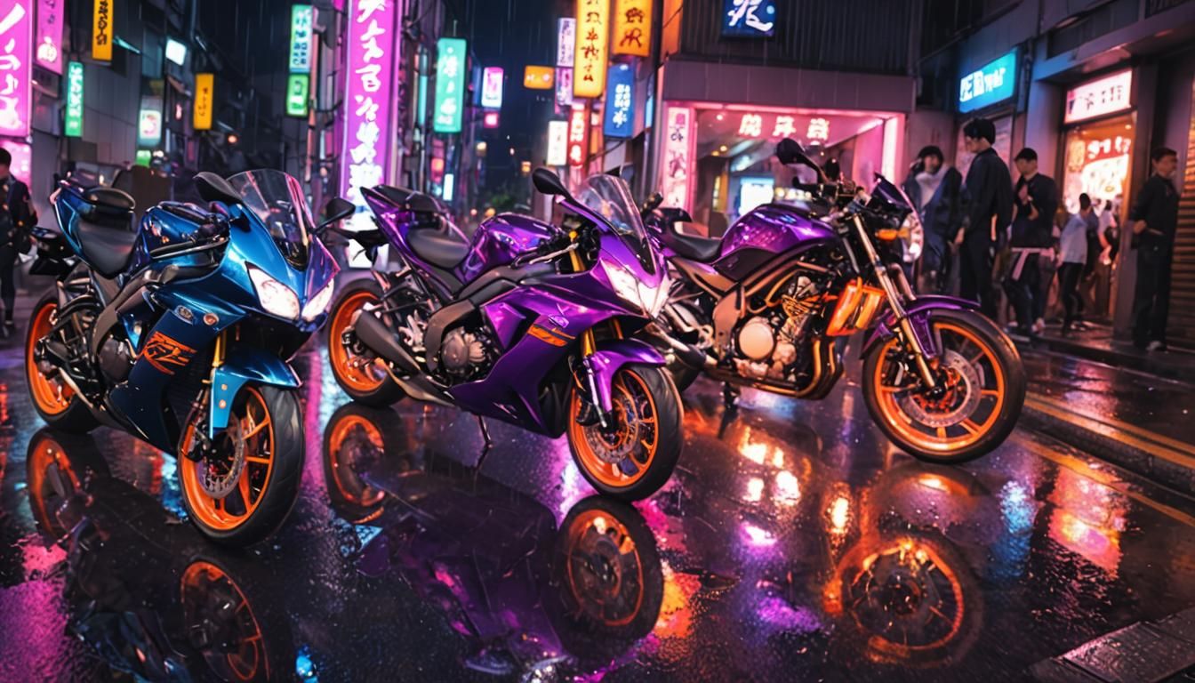 Japanese Sport Bikes in Neon Tokyo Nightlife