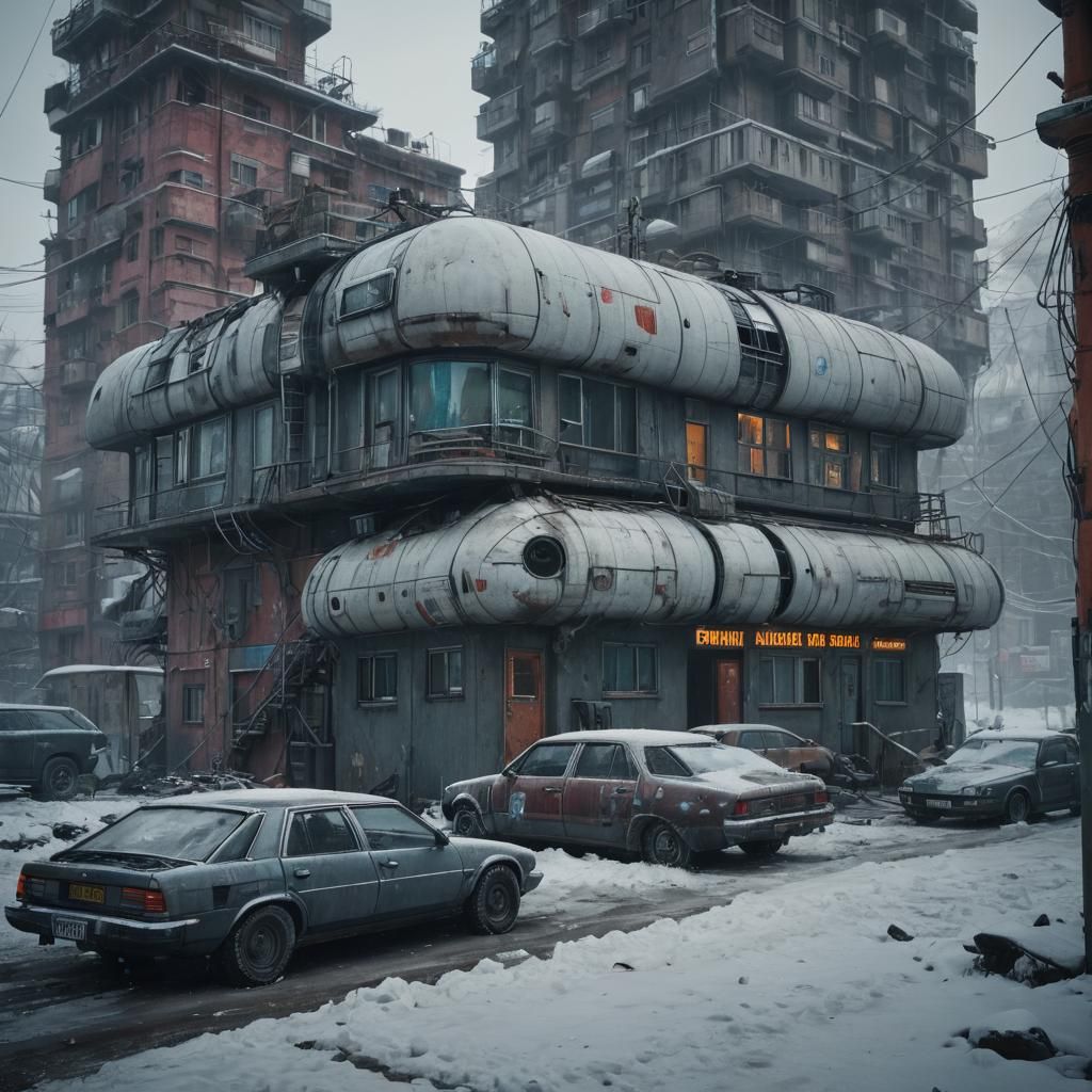 A traditional Russian Khrushchev capsule house in the cyberpunk style.