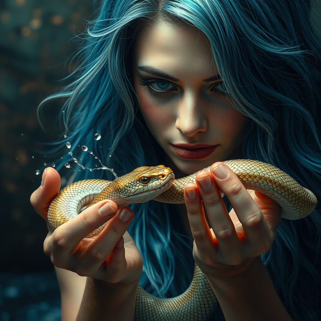 Mysterious Mermaid Goddess Holds Golden Serpent with Spiritu...