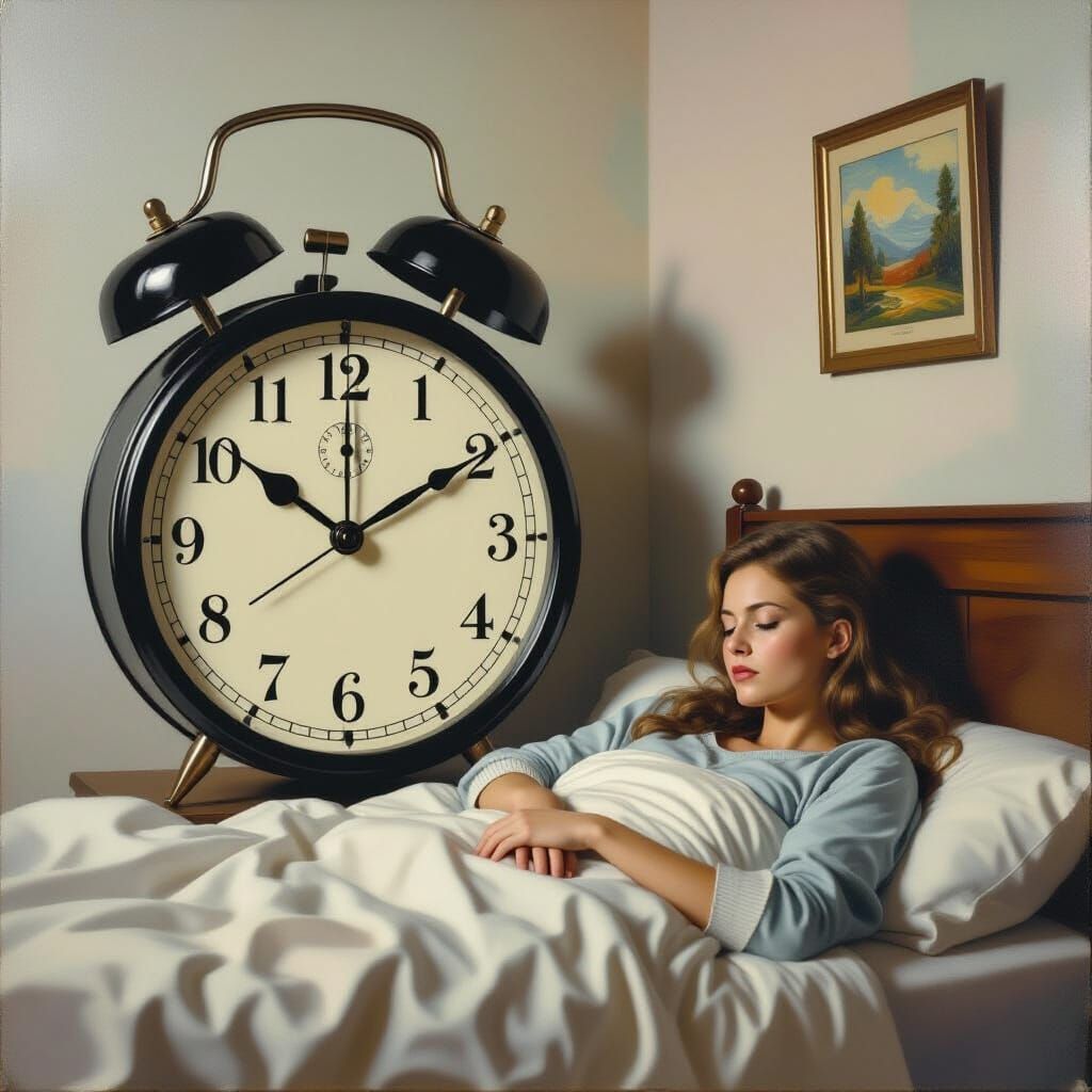 Giant Alarm Clock Threatens Woman in Dreamlike Bedroom