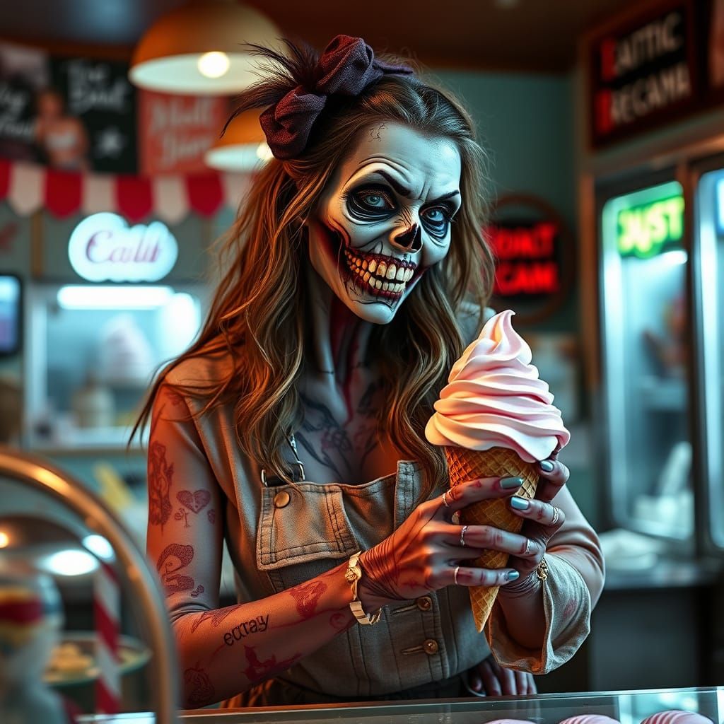 Zombie Woman Scooping Ice Cream at Parlor