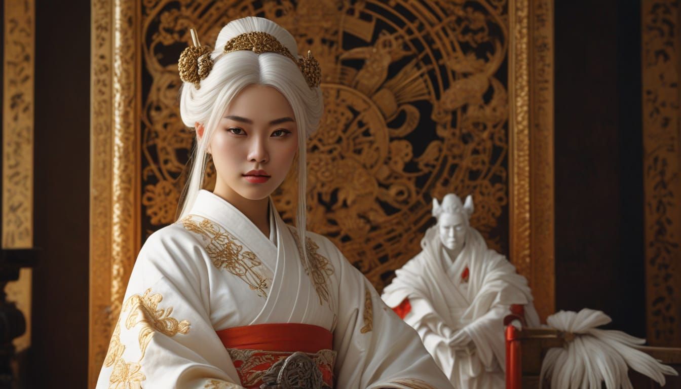 Young Empress on Throne in Samurai Attire