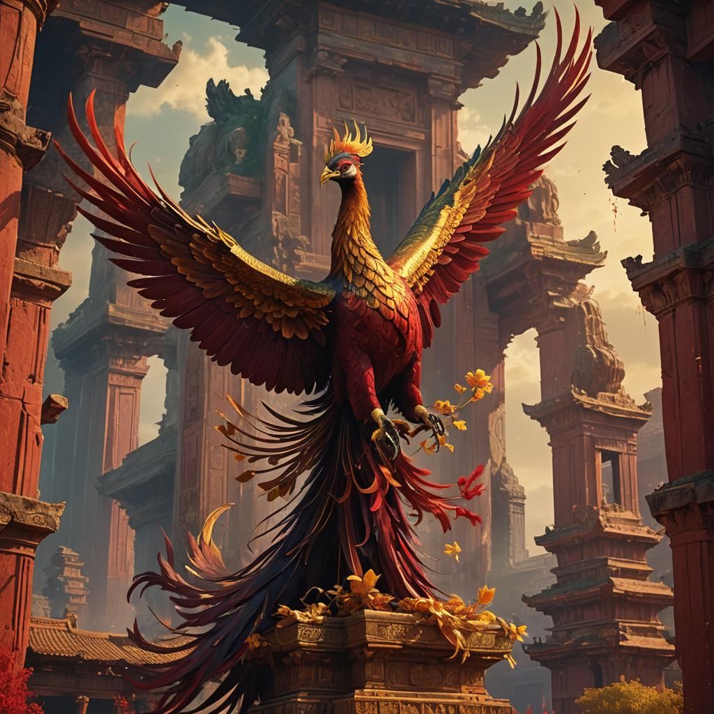 Crimson and Gold Phoenix Over Ancient Temple