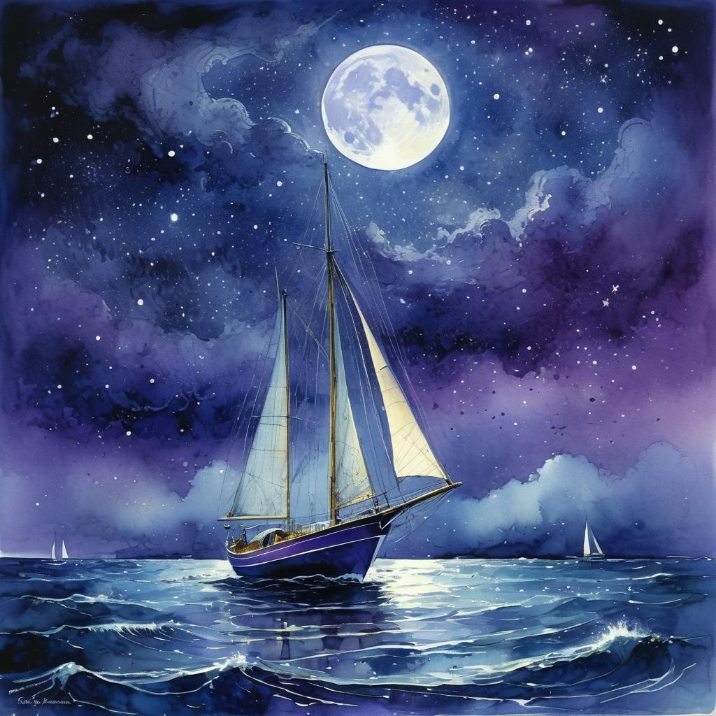 Purple Sailboat at Night, Watercolor Dreamscape