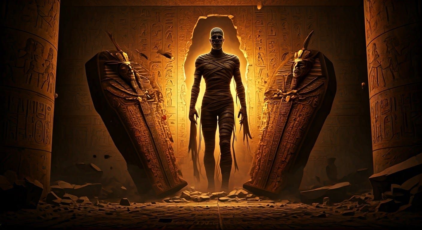 Eerily Lit Mummy Emerges from Sarcophagus