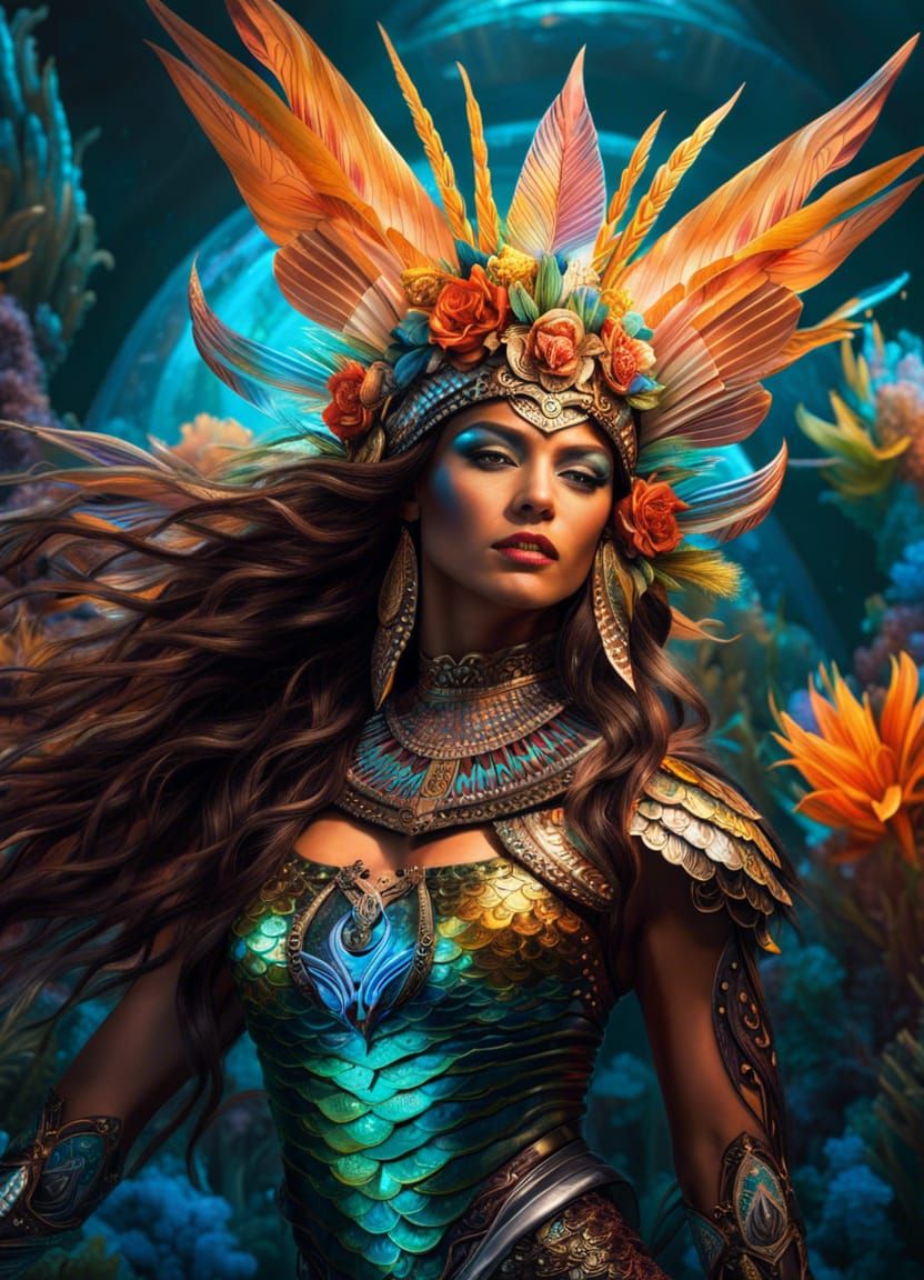 Aztec Flower Mermaid in HDR Hologram Style