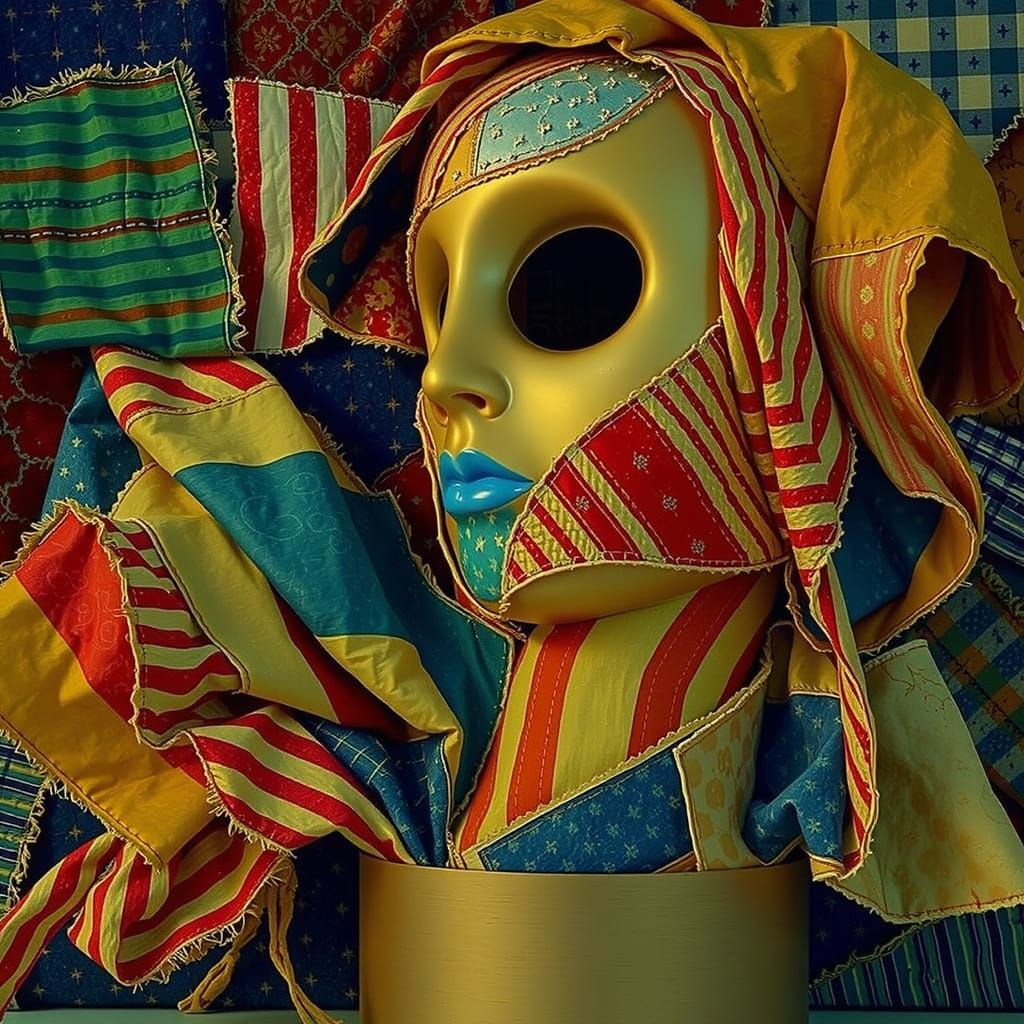 3D Patchwork Quilt Face with Elegant Glass Sheen