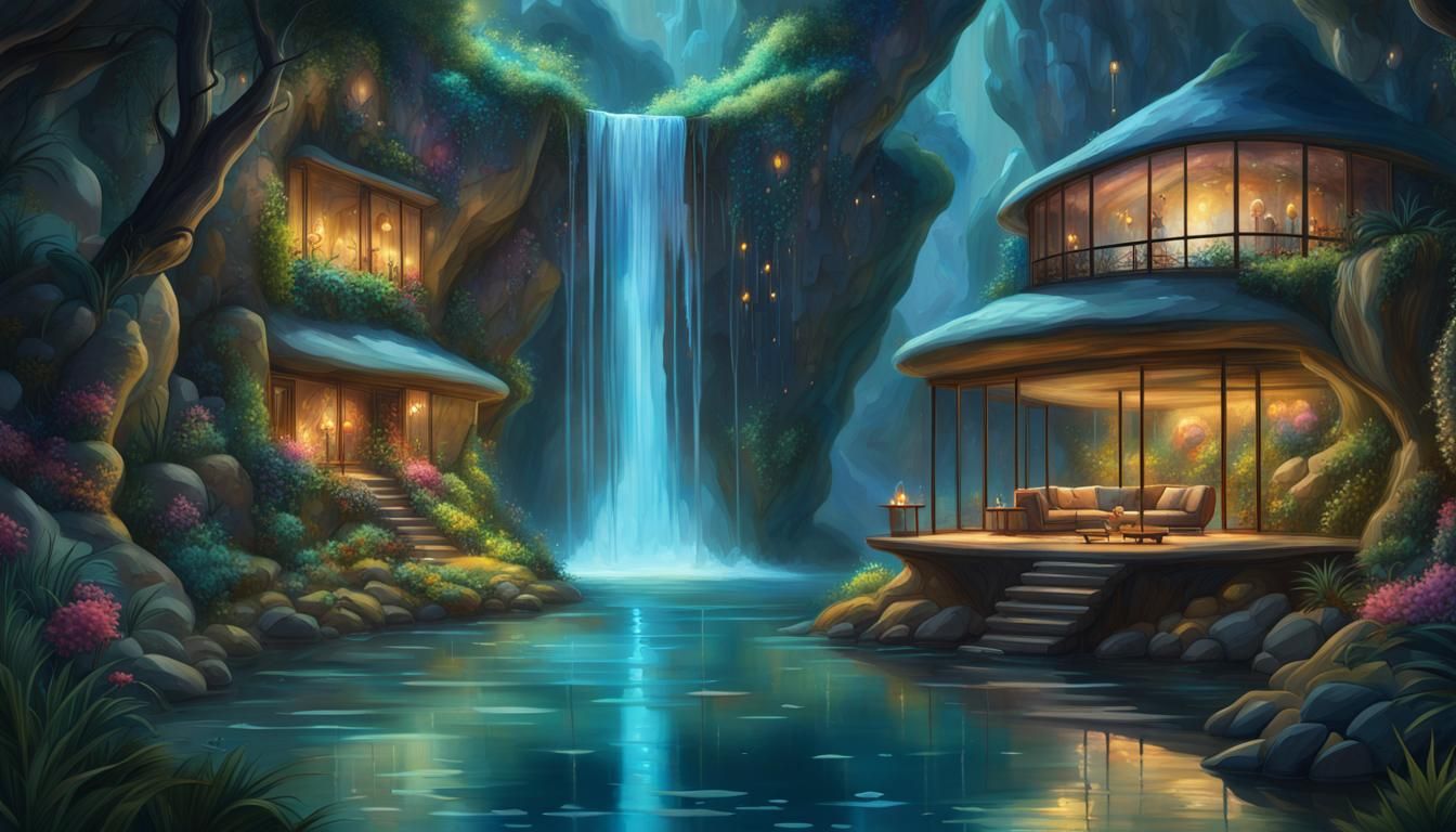 Magical Moonlit Rock House with Waterfall Lagoon