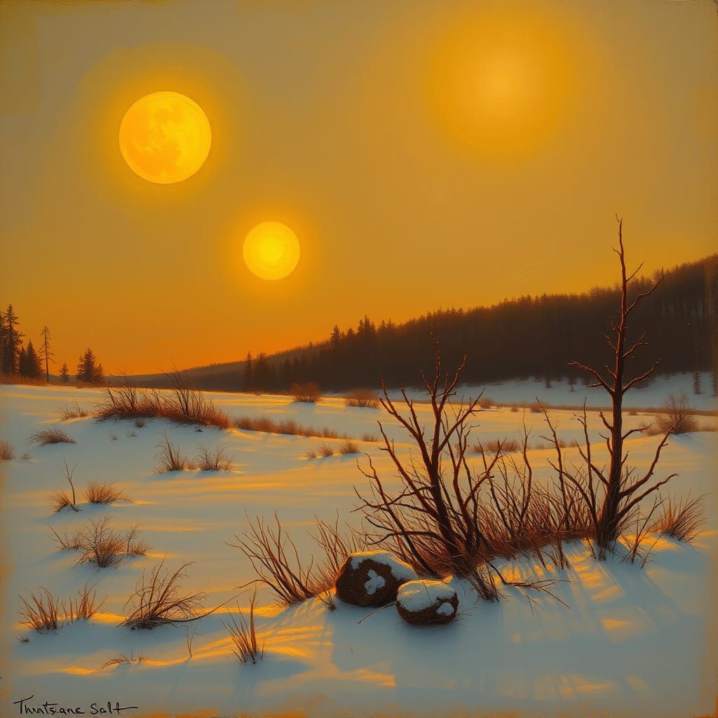 Winter Landscape with Three Suns in Romantic Style
