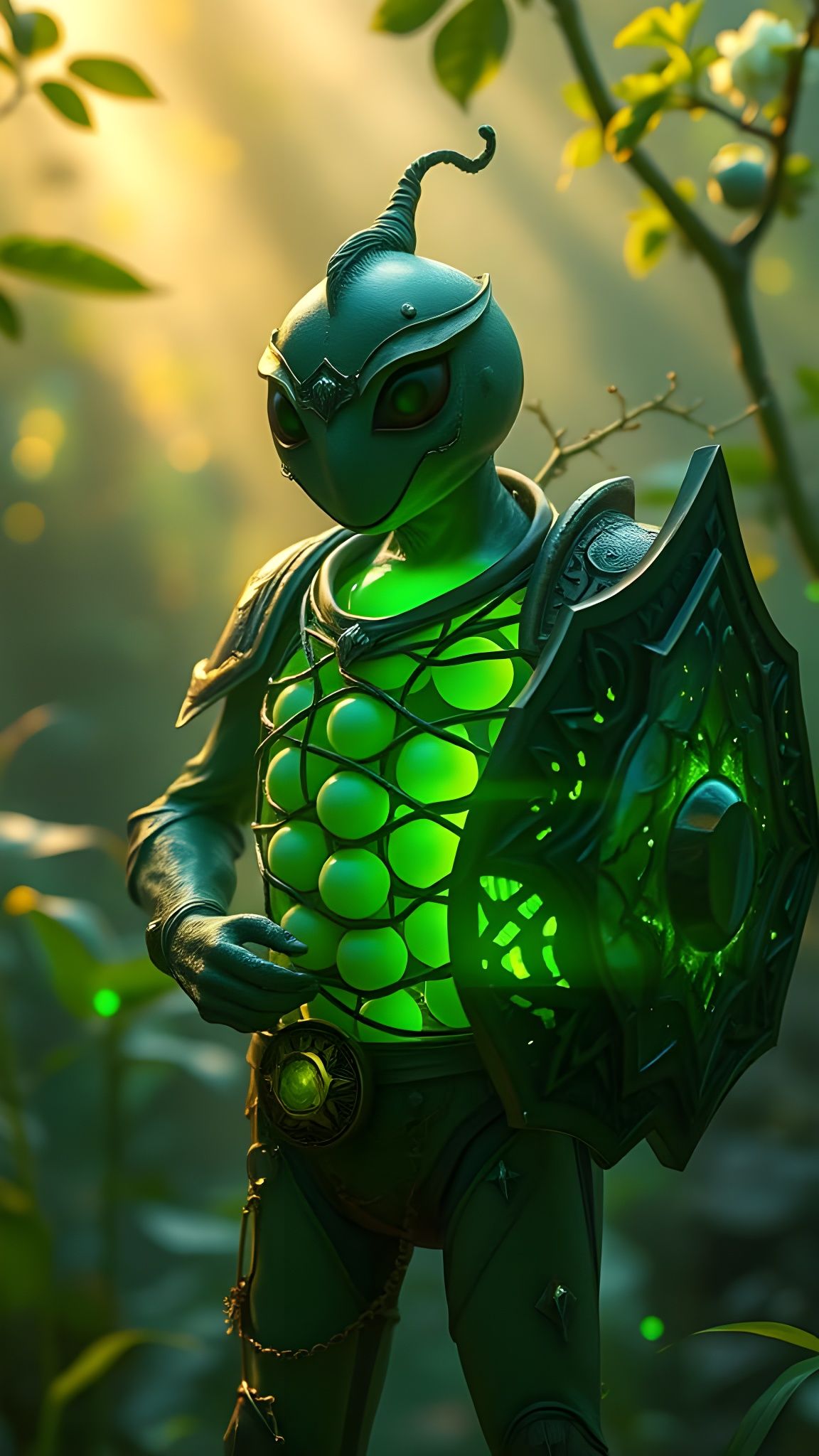 Hyper-Realistic Pea Pod Paladin in Lush Valley