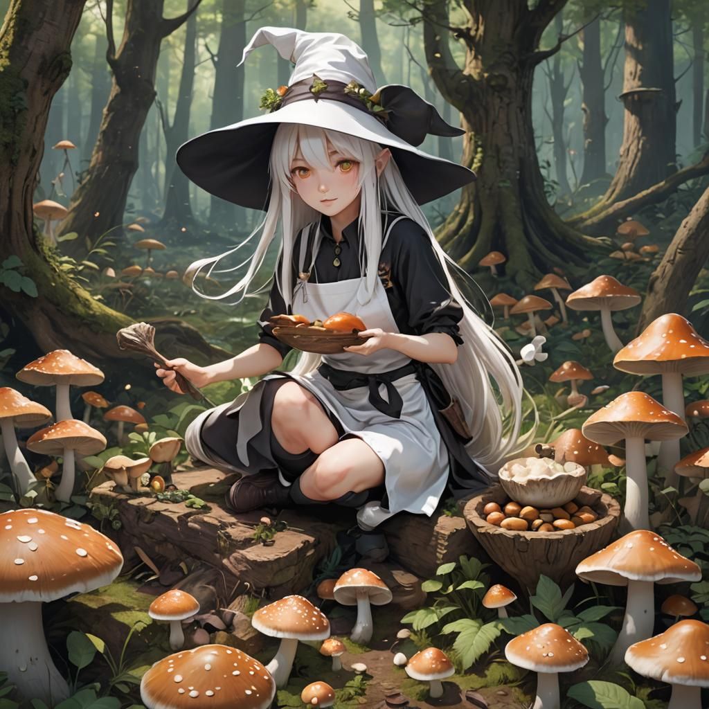 Anime Witch Girl Collecting Mushrooms in Forest