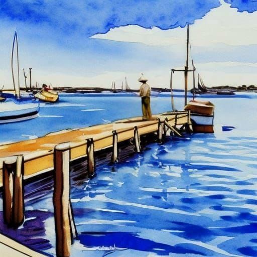 Man Fishing in Watercolor Style on Sunny Day