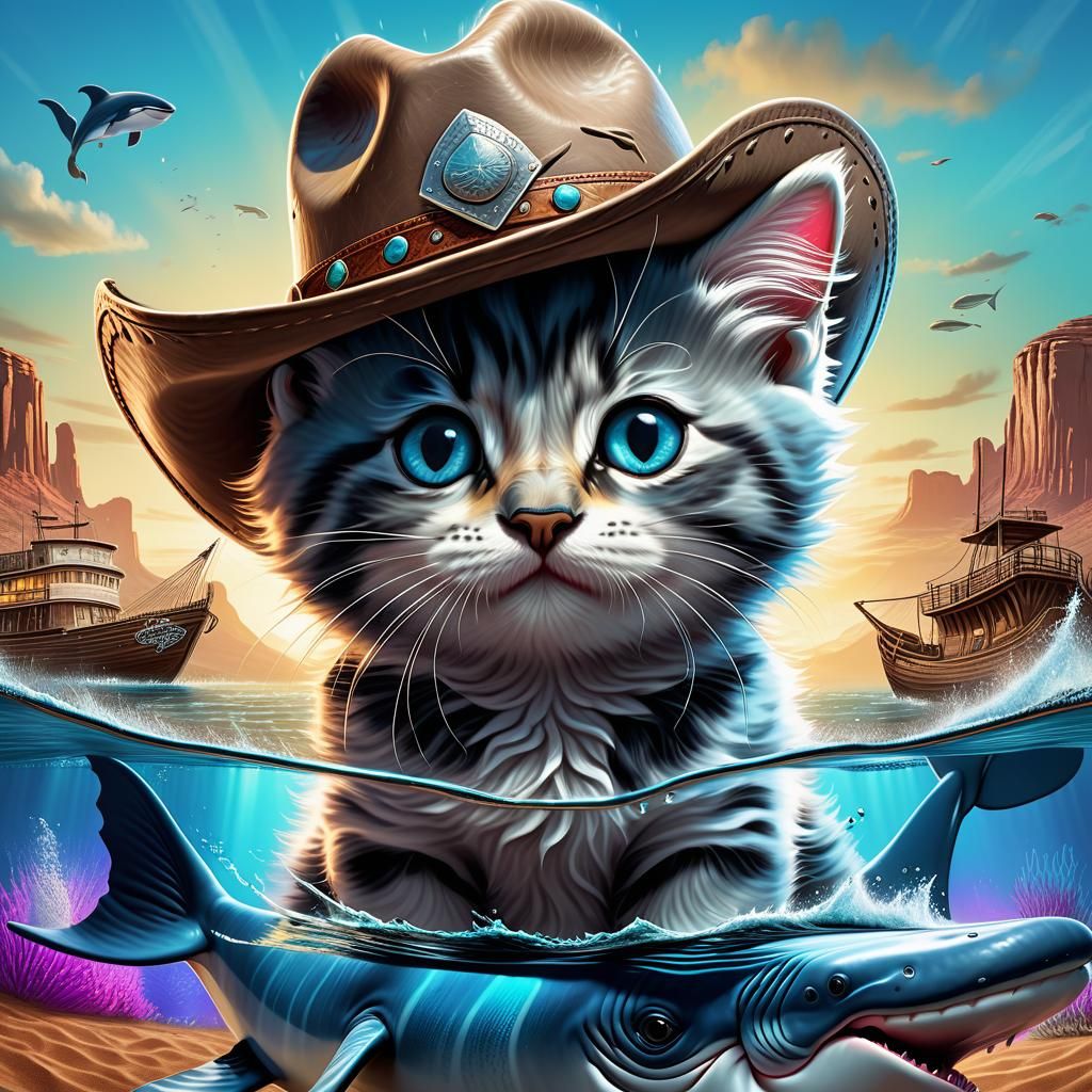 "An old poster of the Western "A kitten in a cowboy hat named "Billy the Whale" is wanted"