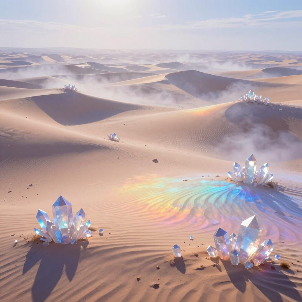 Shimmering Crystal Desert Landscape with Ethereal Mist