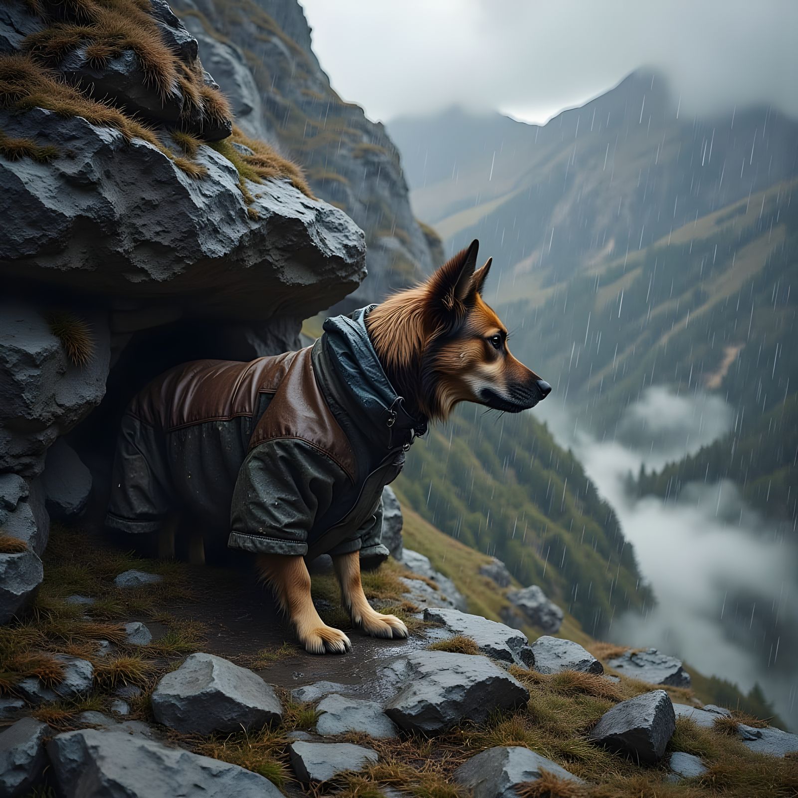 Dog Finds Refuge in Mountain Storm