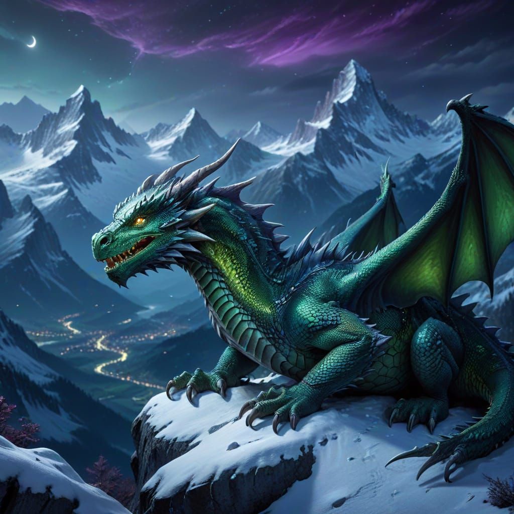 Green Dragon Resting Near Snowy Swiss Alps at Night