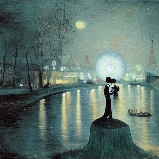 Parisian Lovers Under Moonlight: Post-Impressionist Style