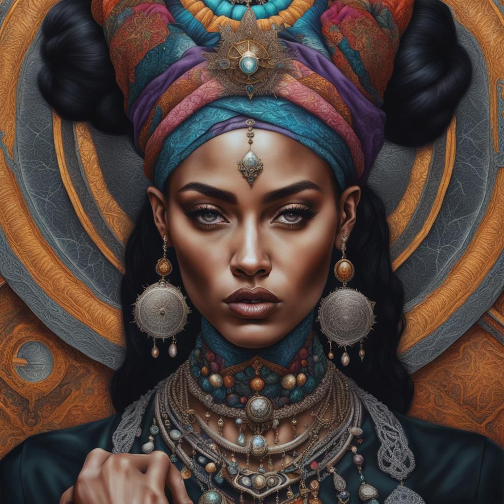 Hyperrealistic Portrait of Woman with Occult Jewelry