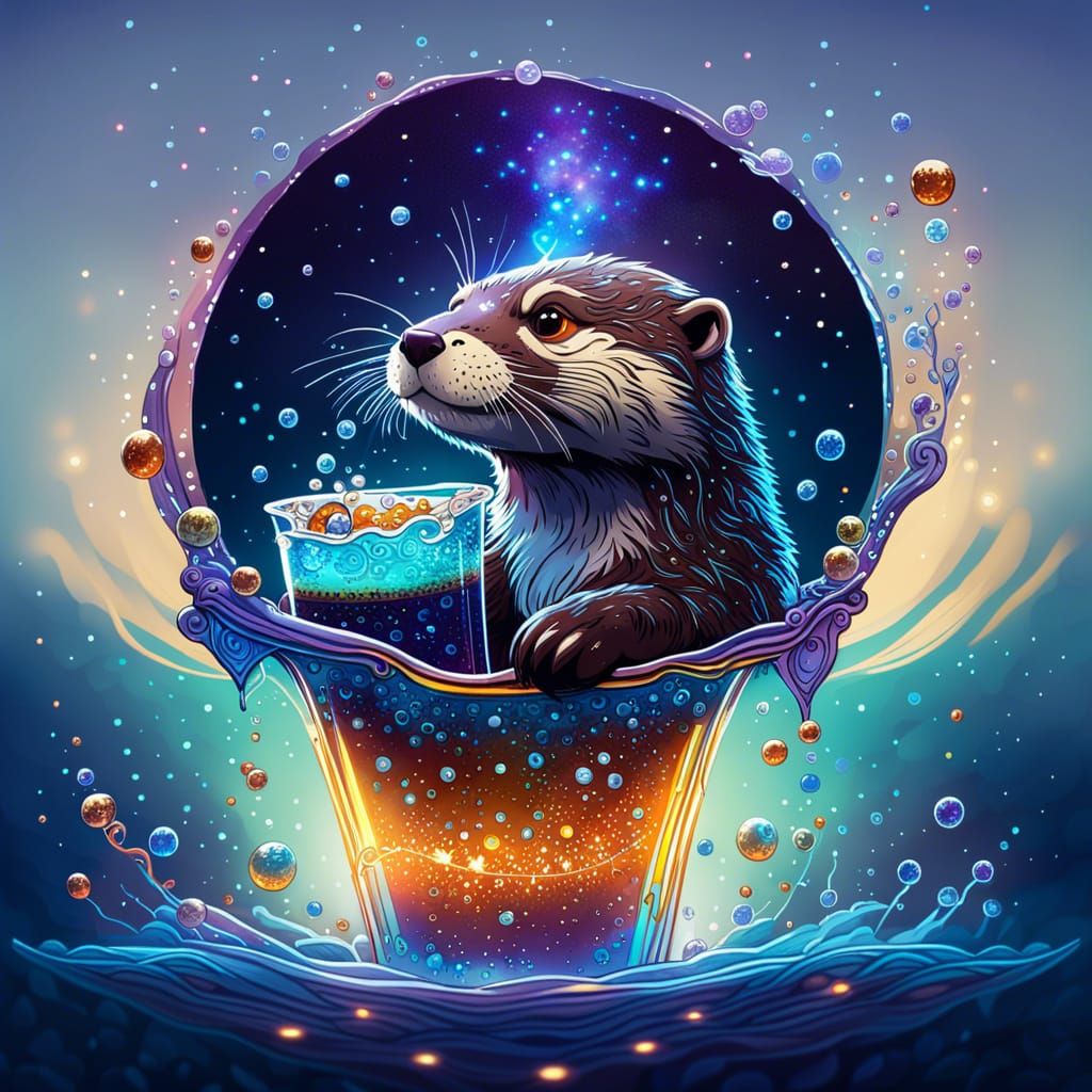 Otter Sipping Rootbeer in Cosmic Water, Fantasy Art