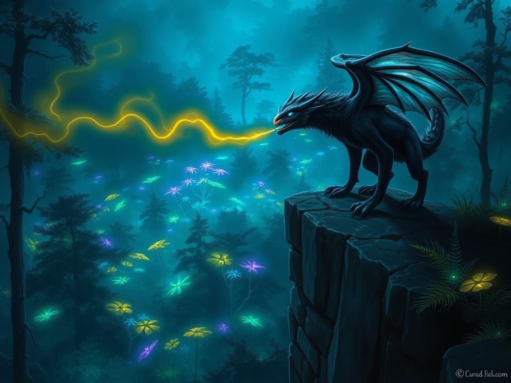 Fantasy Creature on Cliff Overlooking Bioluminescent Forest