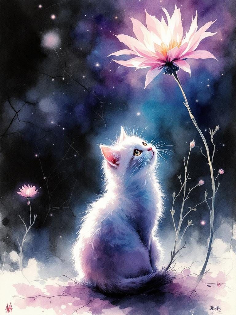 Cat Under Flower in Atmospheric Watercolor Style