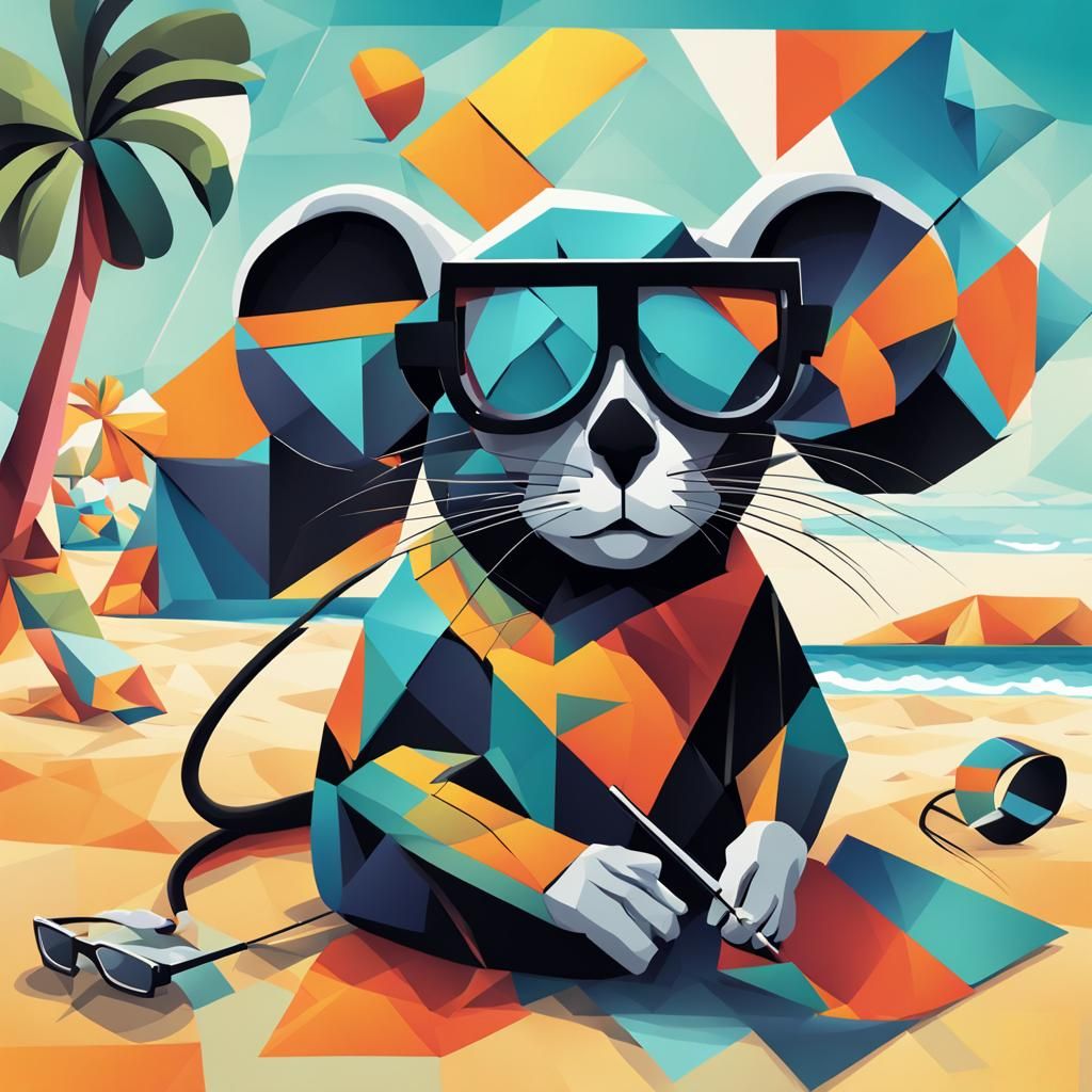 Mouse on Beach with Music: Cubist Art Deco Style
