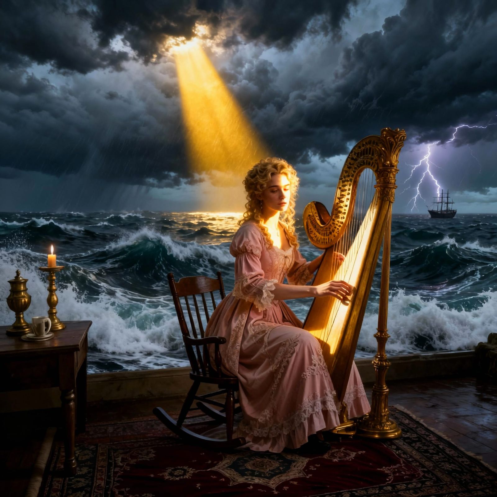 Regency Woman Plays Harp by Turbulent Sea Under Golden Light