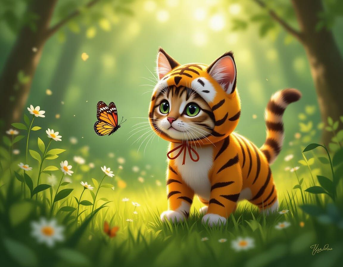 Cat in Tiger Costume Playfully Stalks Butterfly