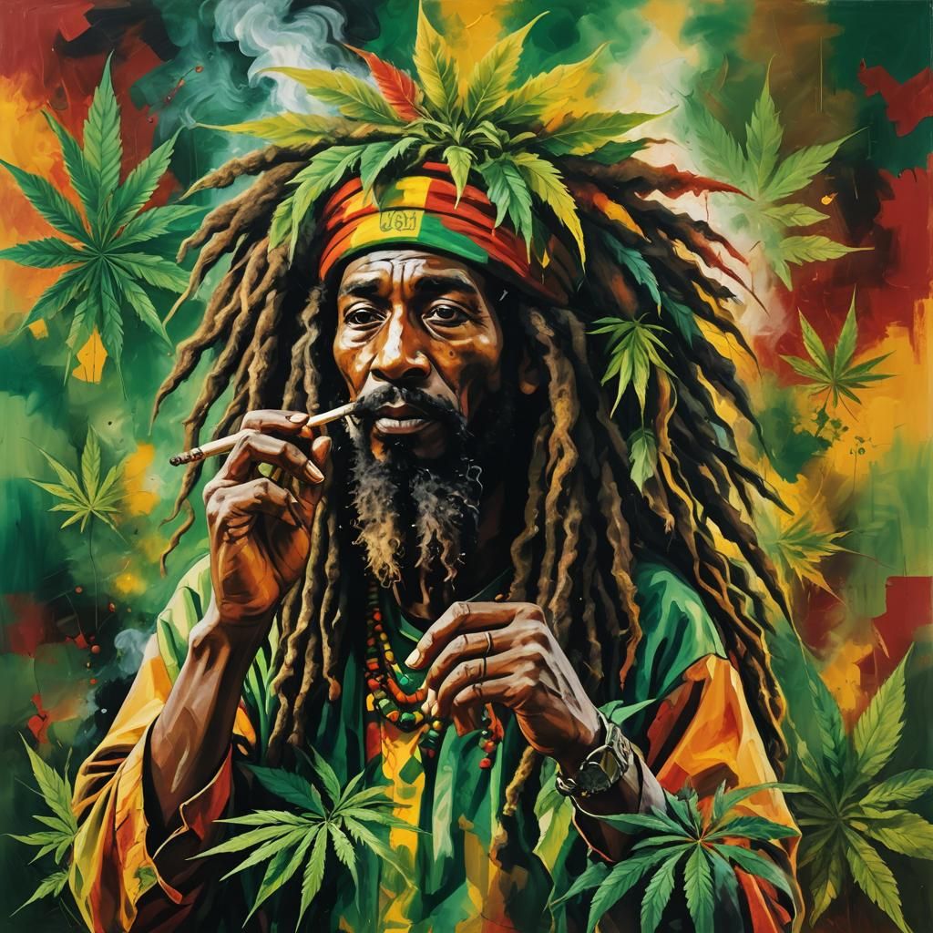 Rastaman Smoking: Vibrant Oil Painting in Afro-Caribbean Sty...