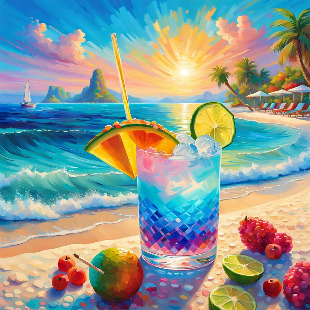 Pastel Island Oasis Cocktails: Pointillist Digital Art
