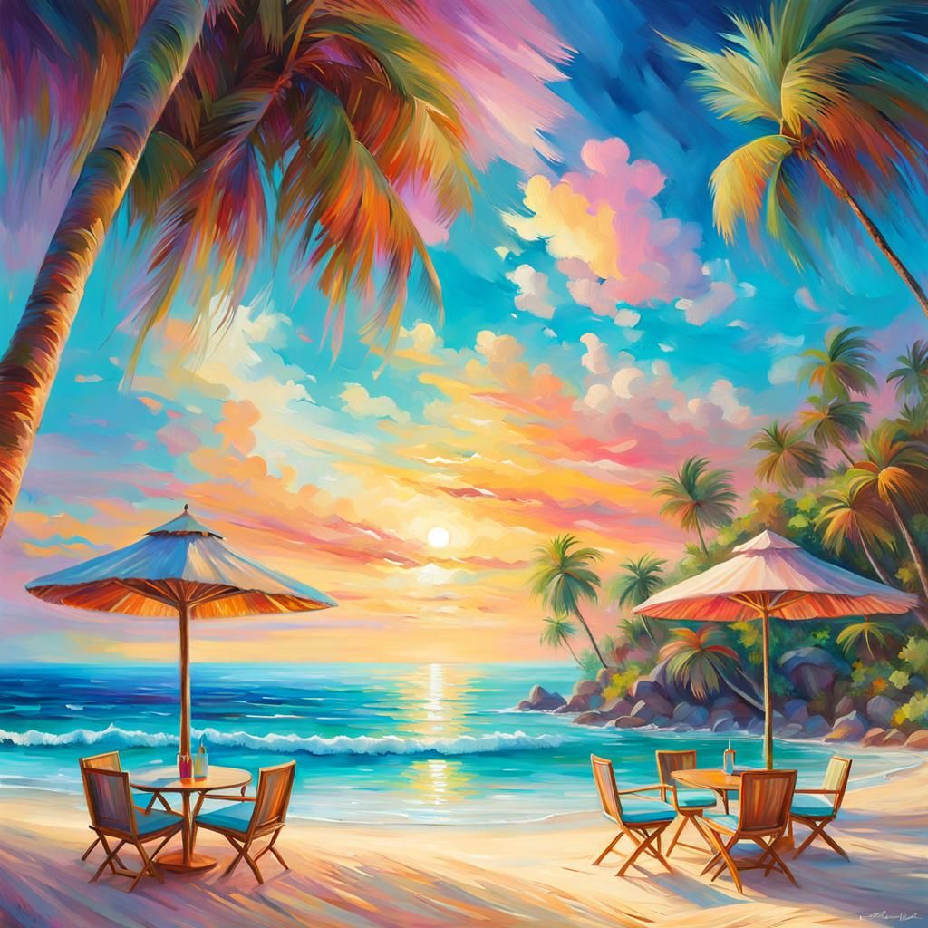 Pastel Island Oasis Beach Cocktails, Pointillism Style