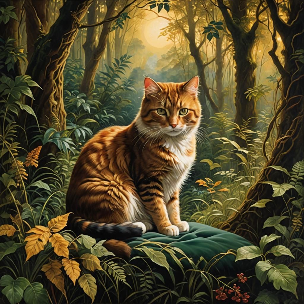 Cat in Mystical Forest: A Pre-Raphaelite Oil Painting