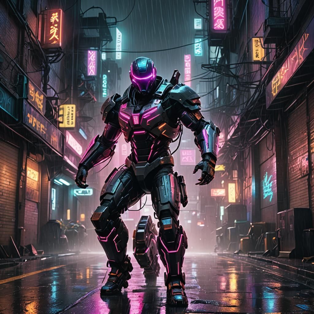 Cyberpunk Superhero Sprinting in Rainy Alley