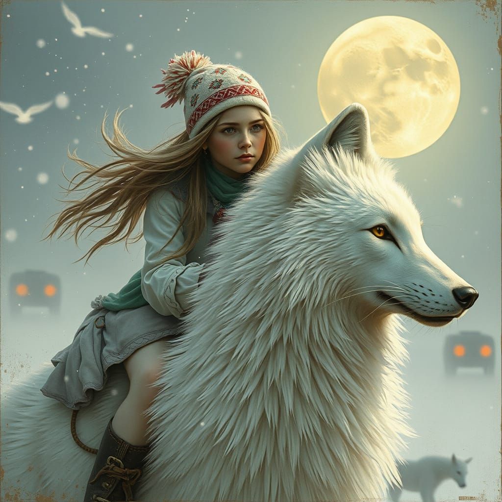 Android Girl Rides Fox in Snowy Blizzard