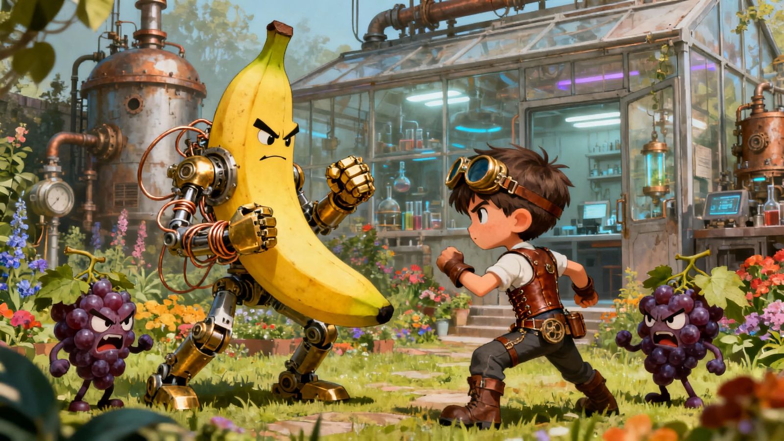 Steampunk Boy Battles Mechanical Banana and Grapes