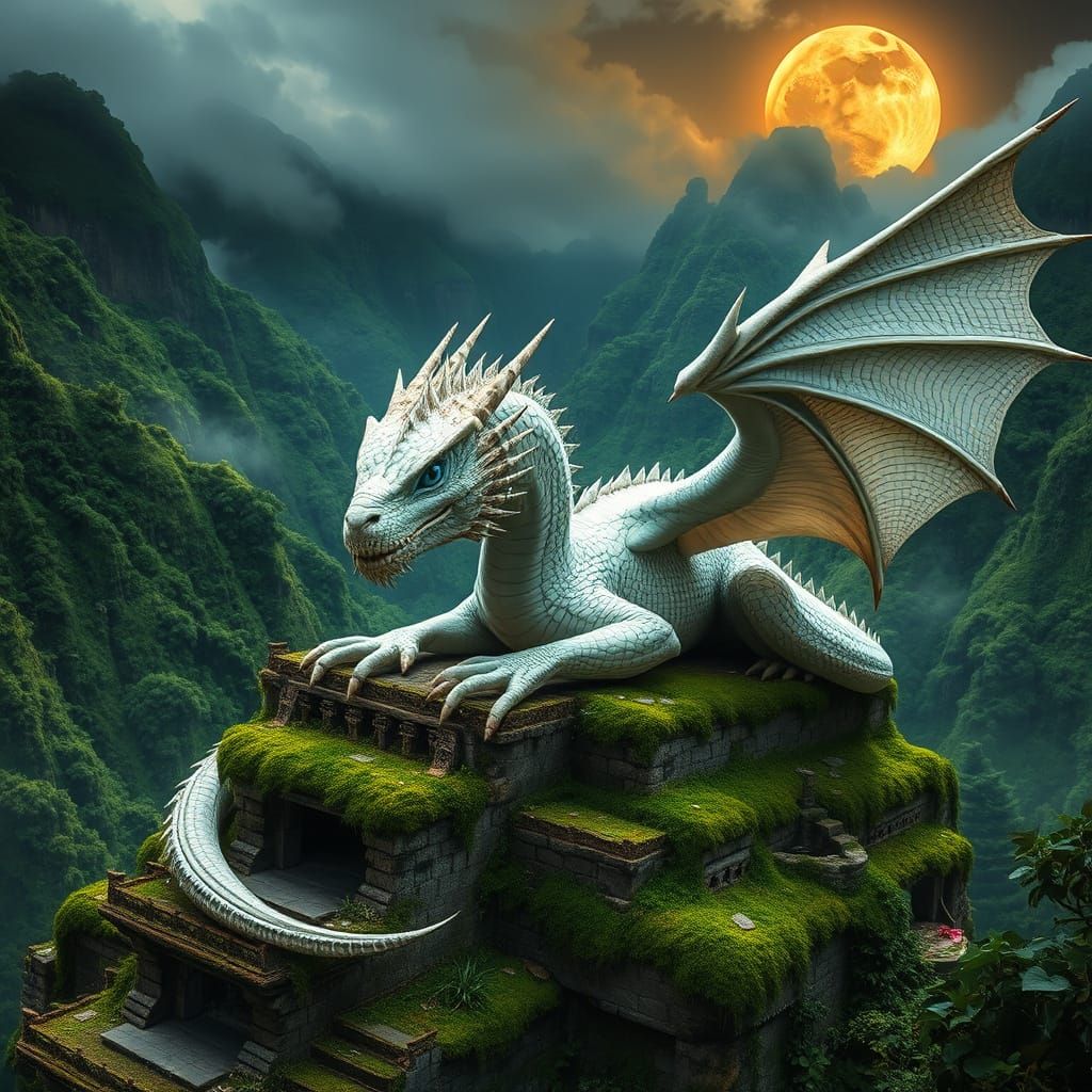 Ancient Dragon in Lush Rainforest Ruins at Full Blood Moon