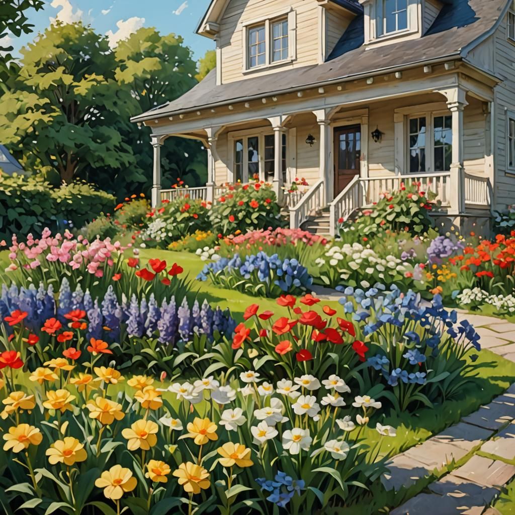 Blooming Flowerbed Beside House in Photorealistic Oil Painti...
