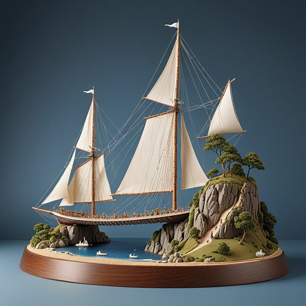 Toothpick Sculpture of Suspension Bridge with Ships