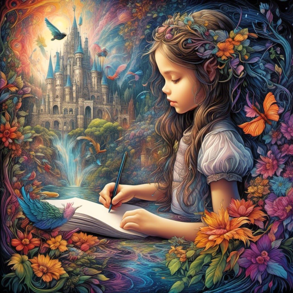 Little Girl's Fairytale Drawing in Black and White