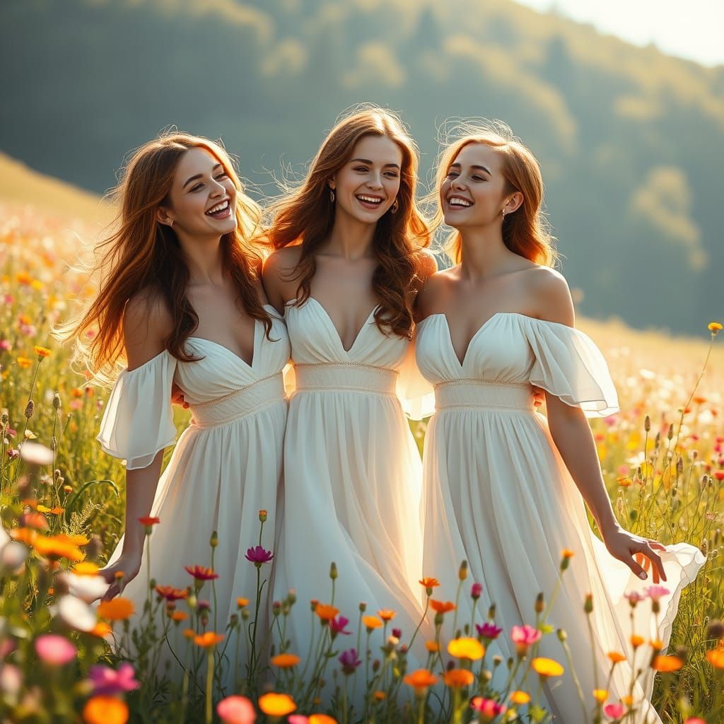 Elegant Women Laughing in Wildflower Field, Digital Art