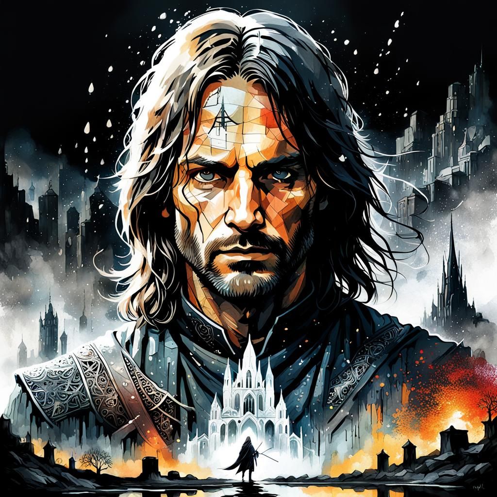 Aragorn and Minas Tirith Double Exposure Watercolor