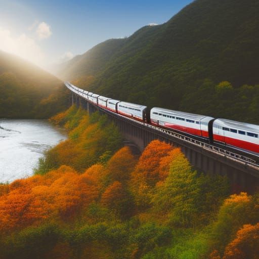 Realistic Bullet Train Amidst Mountain Village Scene