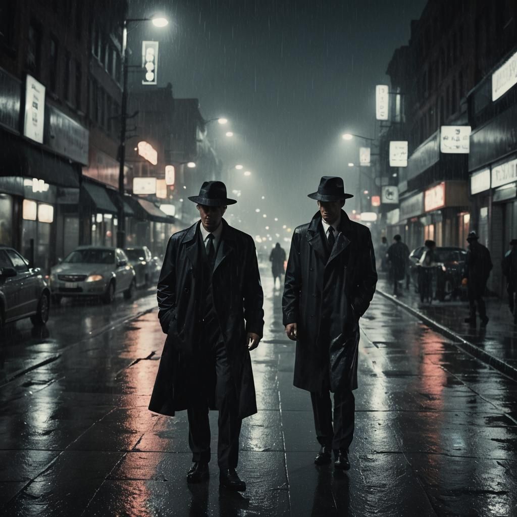Film Noir Man in Rainy City Street