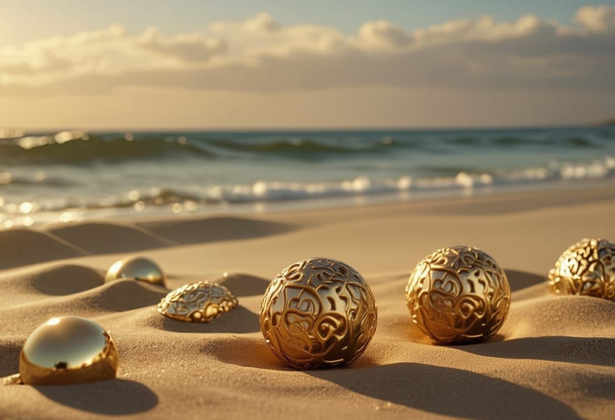 Ornate Gold Perfume Bottle on Beach in Art Nouveau Style
