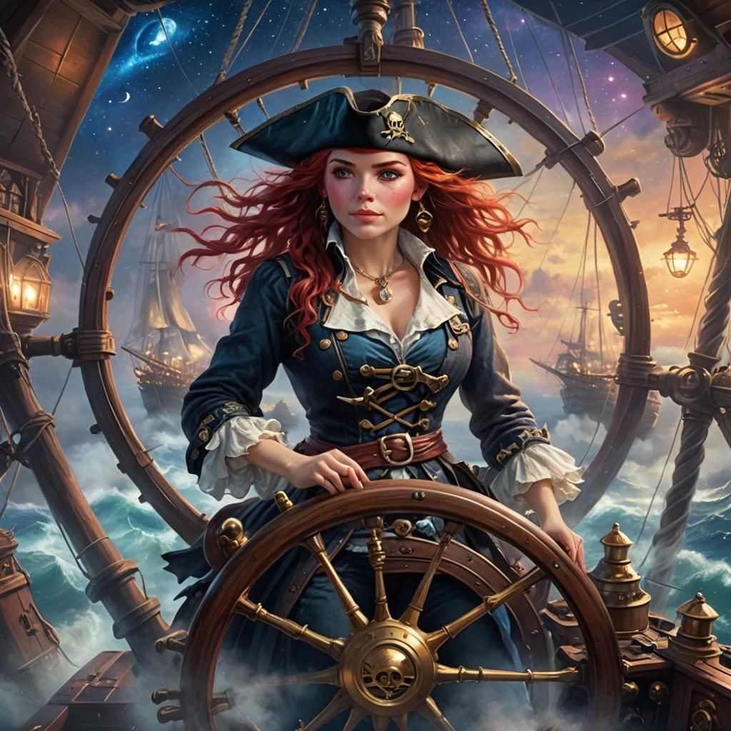 Female Pirate Steers Ship Among Stars