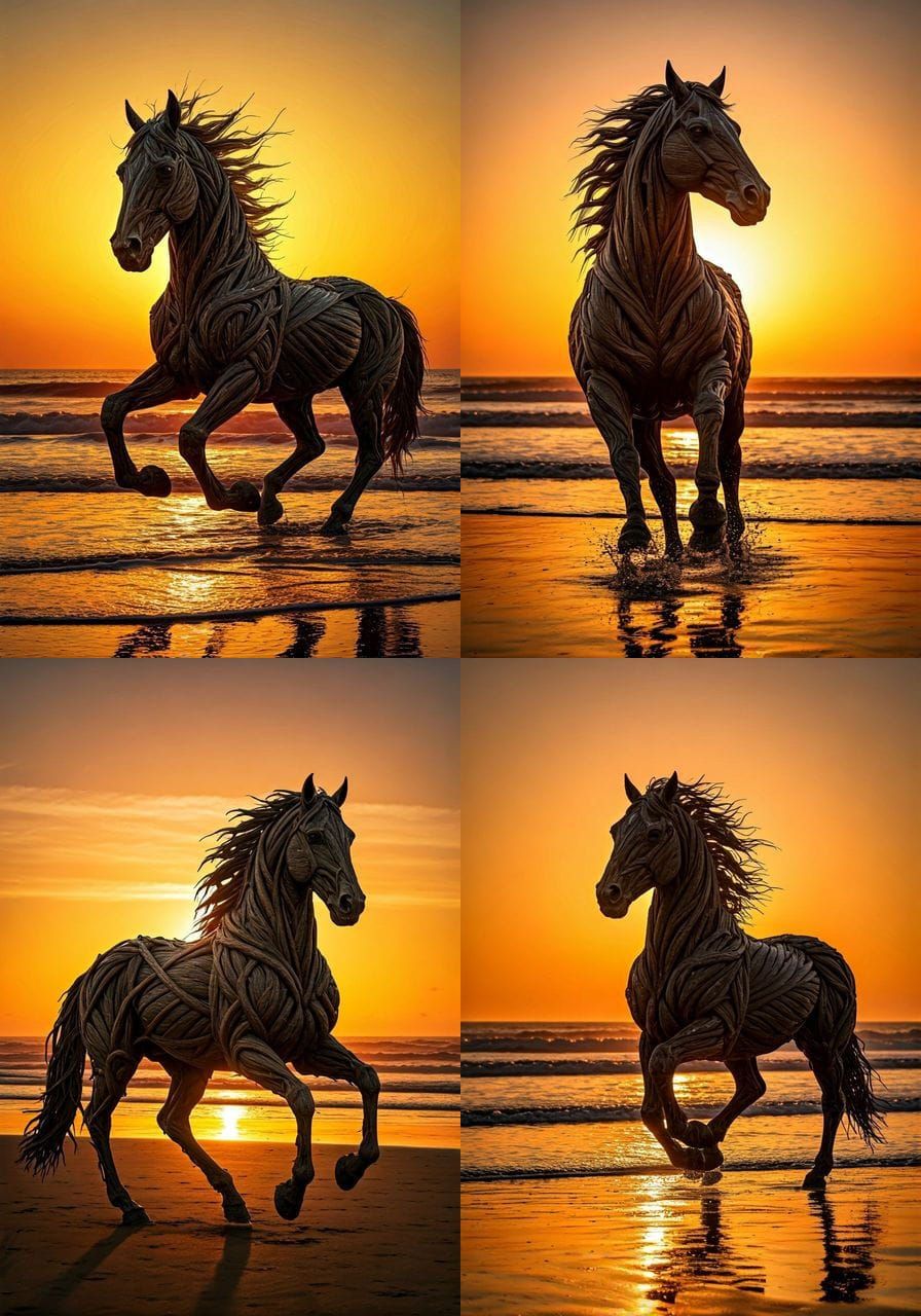 Branch Horse Galloping on Beach at Sunrise