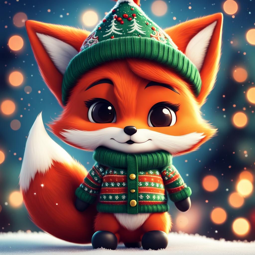 Cute Chibi Fox in Christmas Clothes, Pixar Style