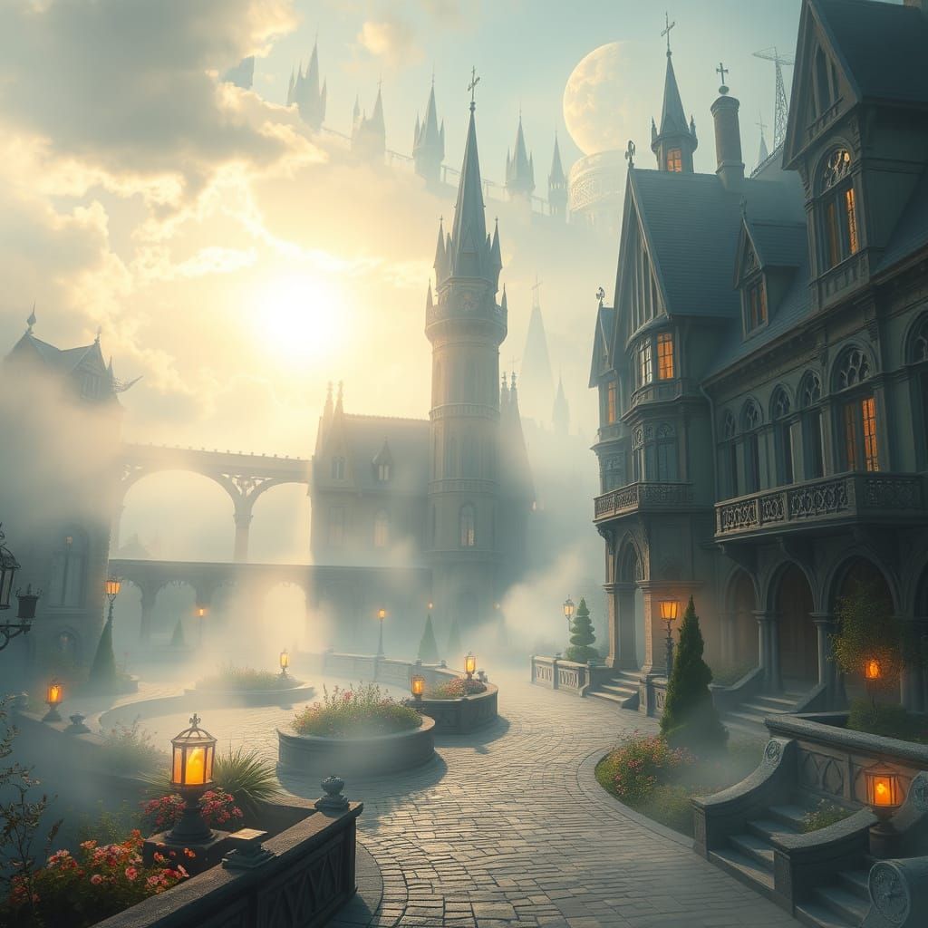 Ethereal Fantasy Superhero School in Misty Sunlight