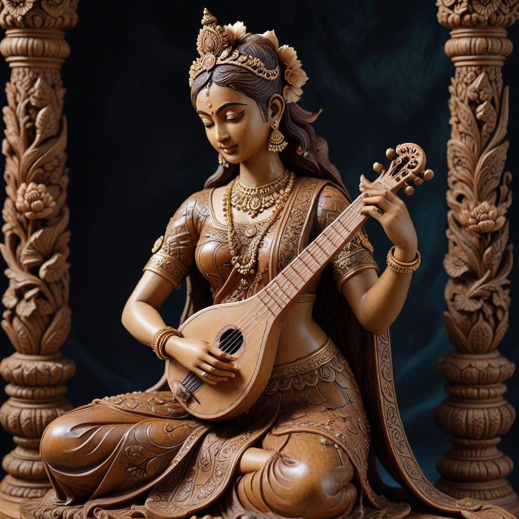 Sandalwood Veena Player Statue in Rich Detail