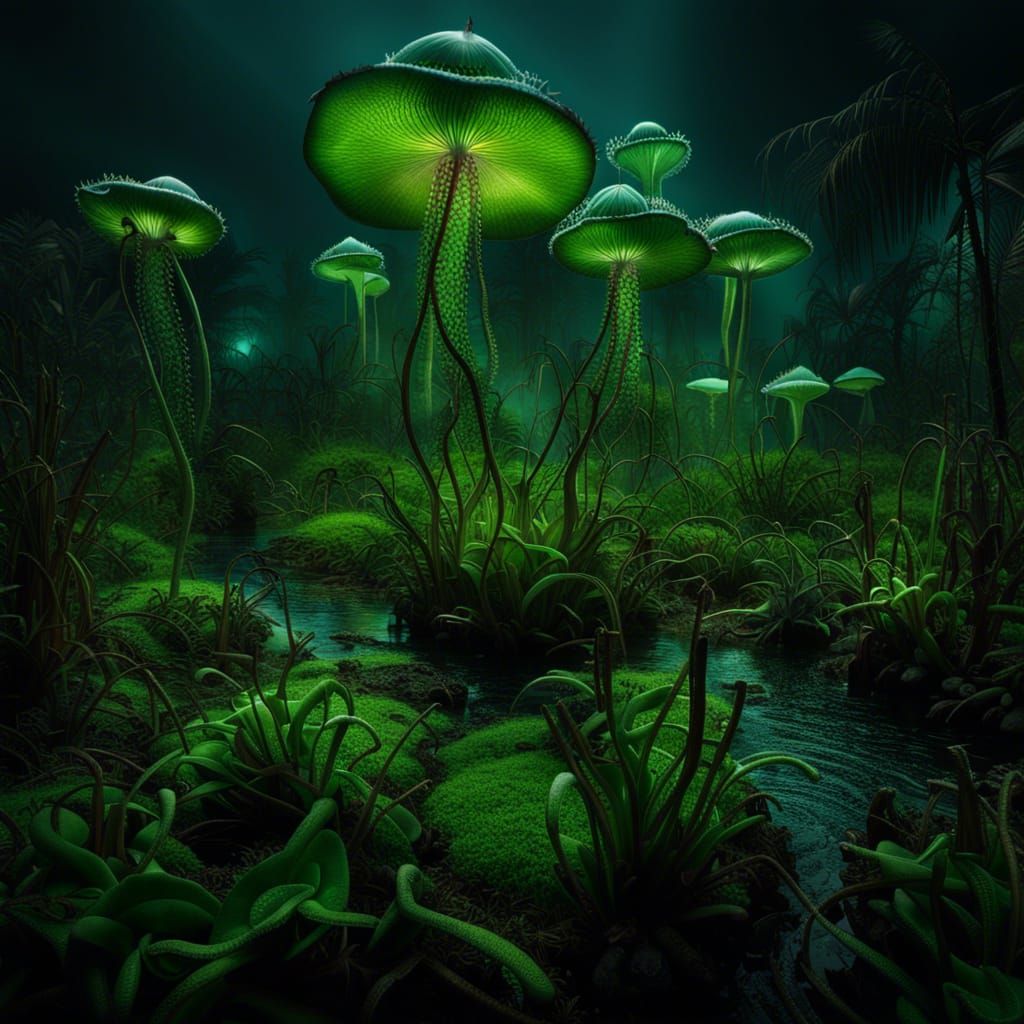 Bioluminescent Carnivorous Plants in Subtropical Wetland